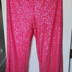 Vibrant Pink Sequins Wide Leg Stretch Pants Size L.